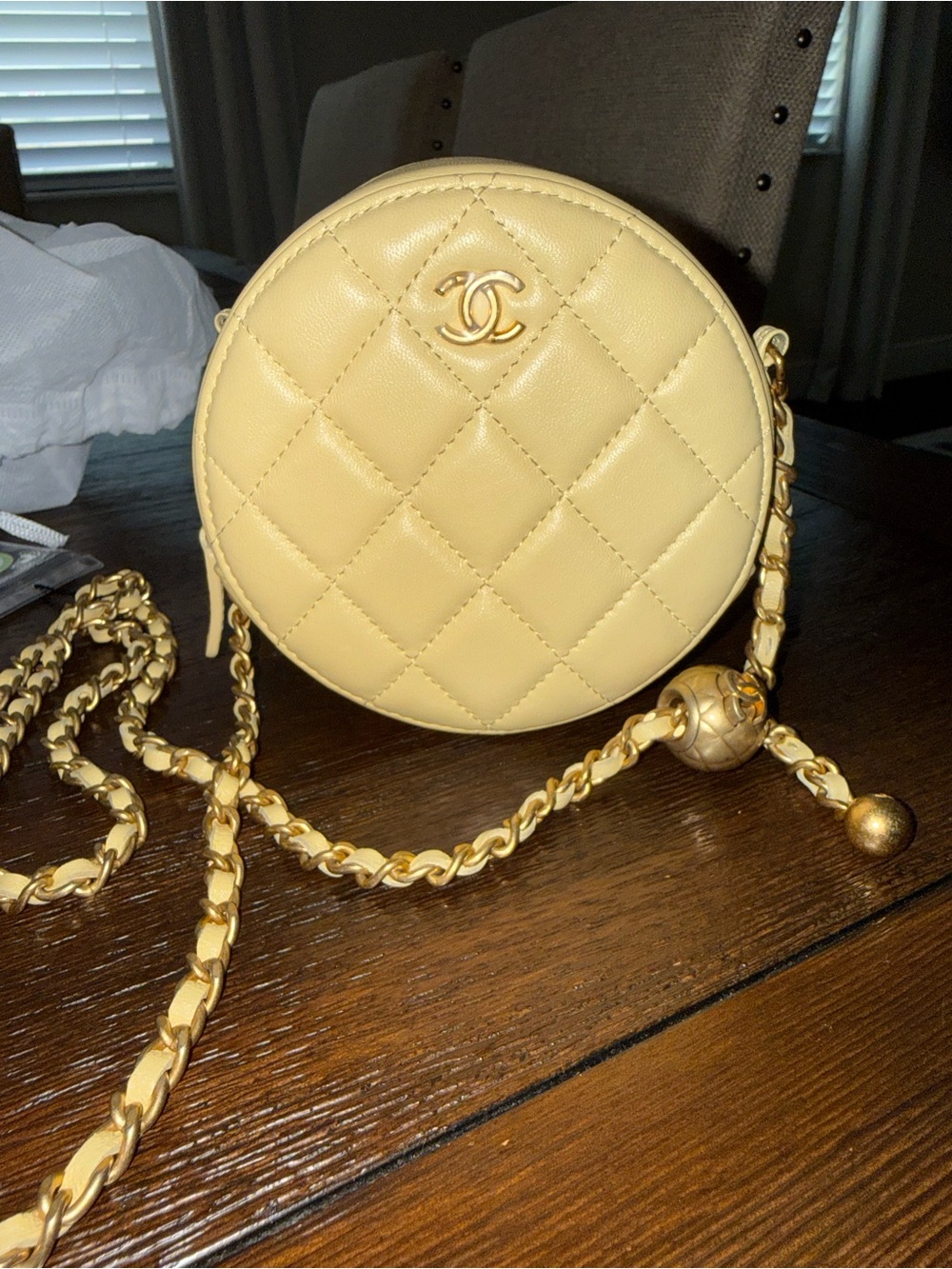 CHANEL Round Pearl Crush Crossbody Bag in Pale Yellow Leather with Gold Hardware